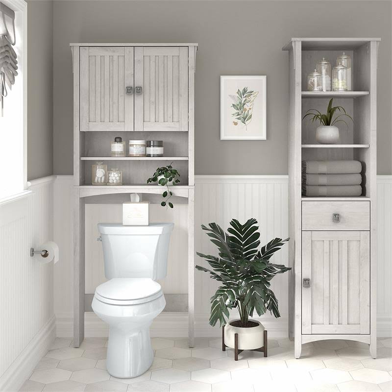 Linen White Oak Tall Cabinet and Over The Toilet Storage Cabinet H1931