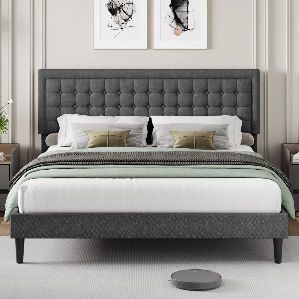 King Size Gray Linen Fabric Upholstered Bed Frame X259