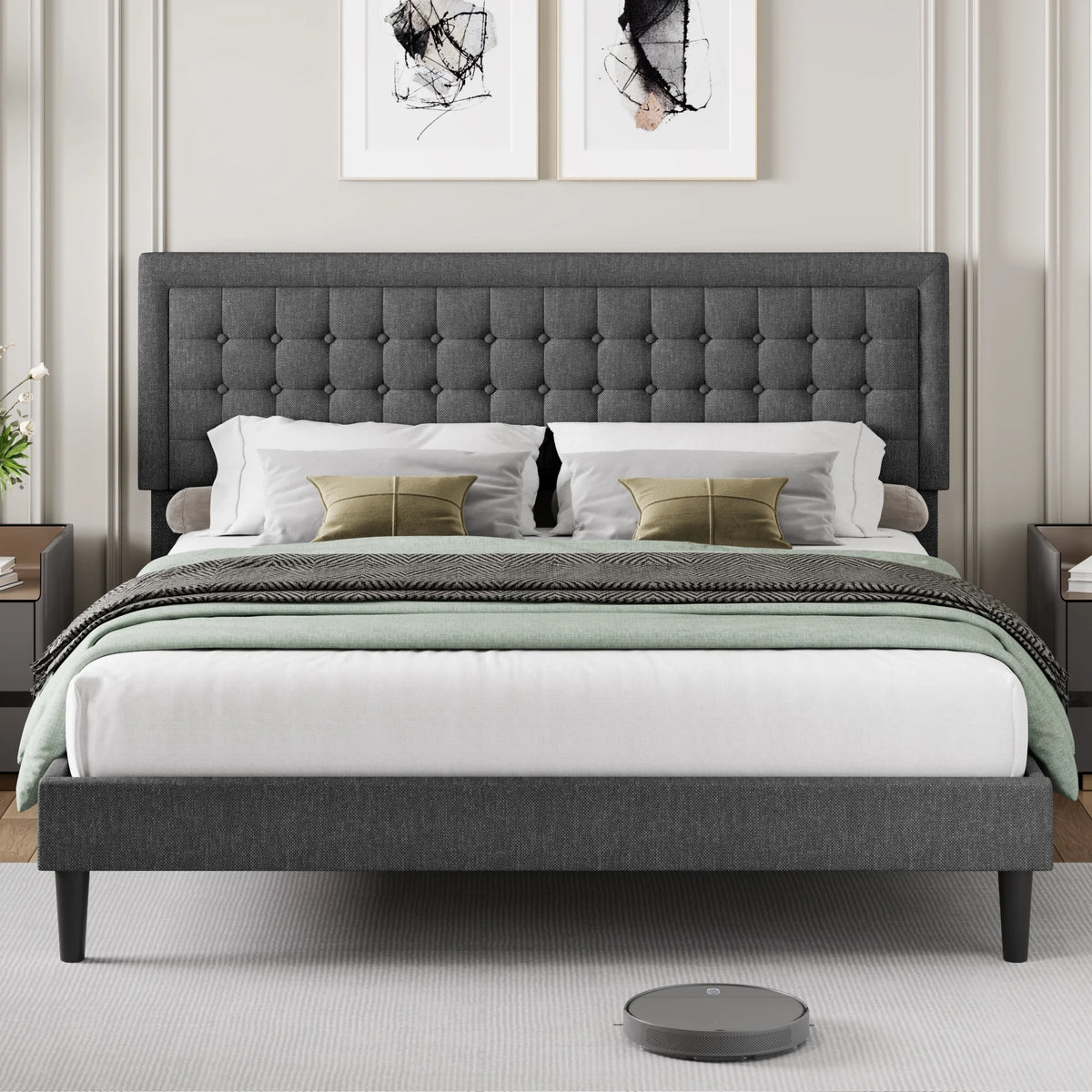 King Size Gray Linen Fabric Upholstered Bed Frame X259