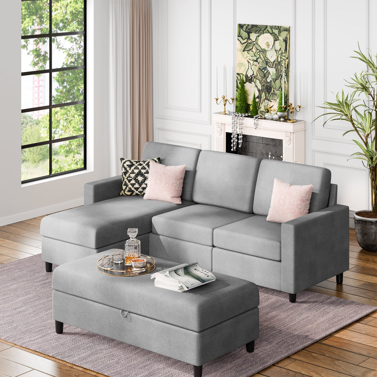 L Shaped 4 Seat Sectional Sofa with Storage Ottoman P3590