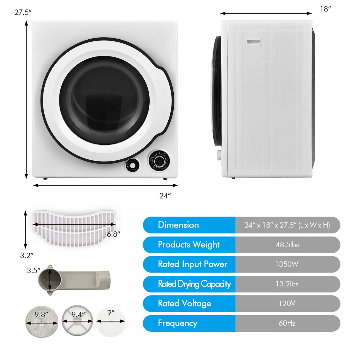 1350W Electric Compact Laundry Dryer 13.2 LBS G9849