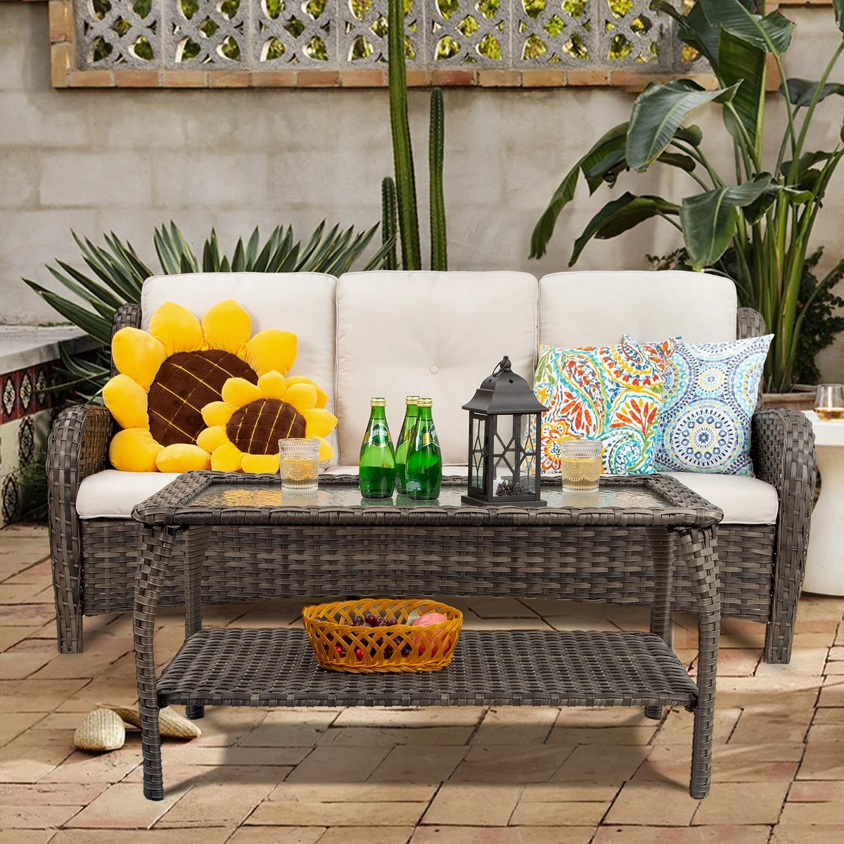 Wicker Outdoor Lounge Sofa Couch with Cushions and Table Z897272