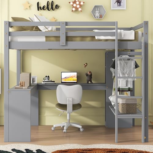 Grey Wood Full Size Loft Bed Frame with Desk, Wardrobe and Shelves Q49243