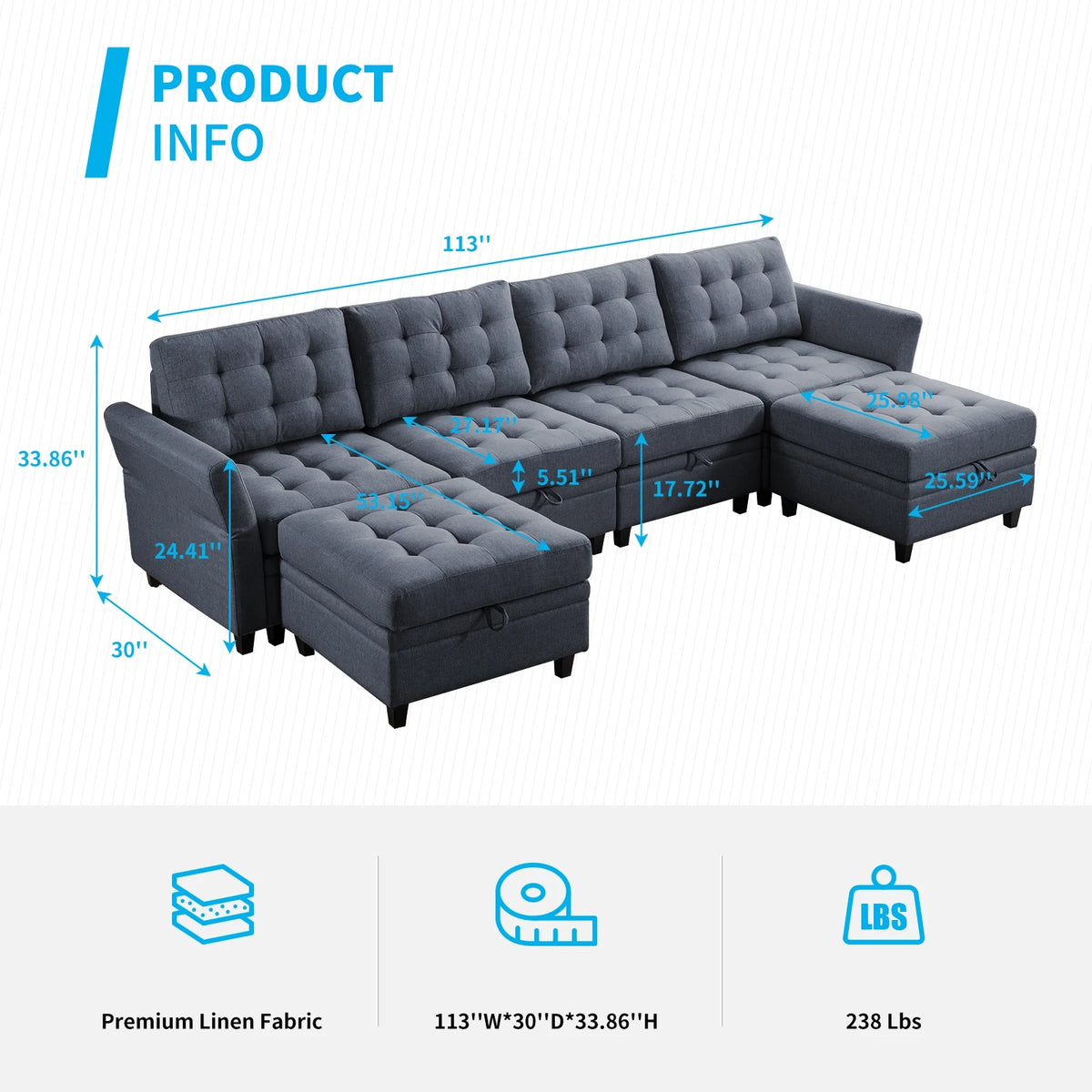 Dark Grey Convertible Sectional Sofa with Storage Ottomans S8002