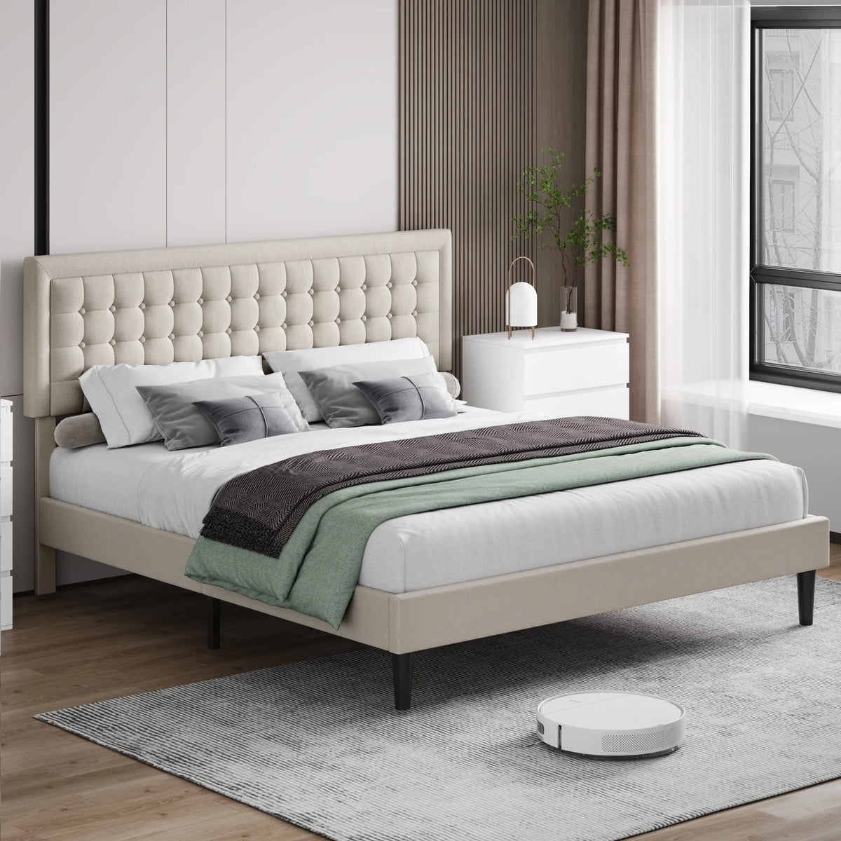 King Size Gray Linen Fabric Upholstered Bed Frame X259