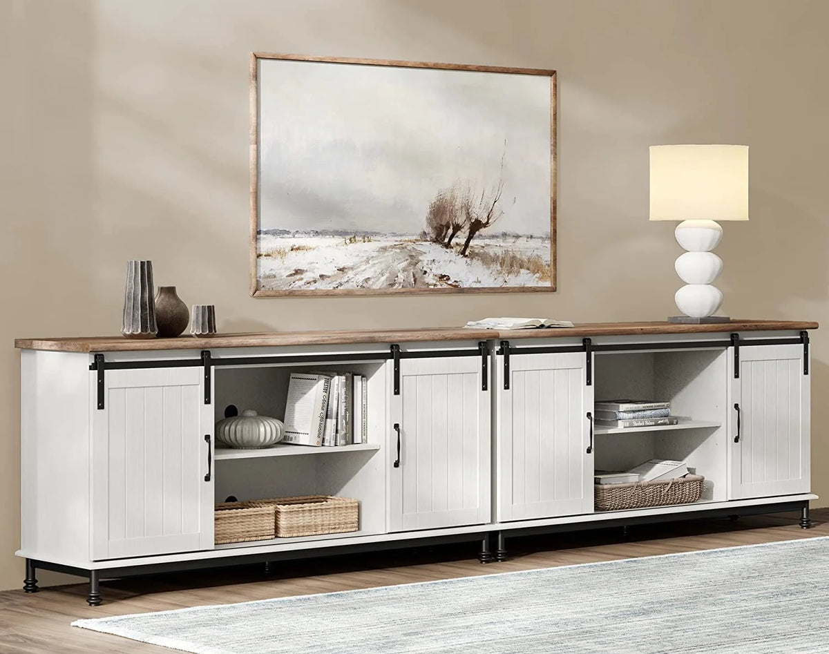 White Wood TV Stand with Sliding Barn Door W35966