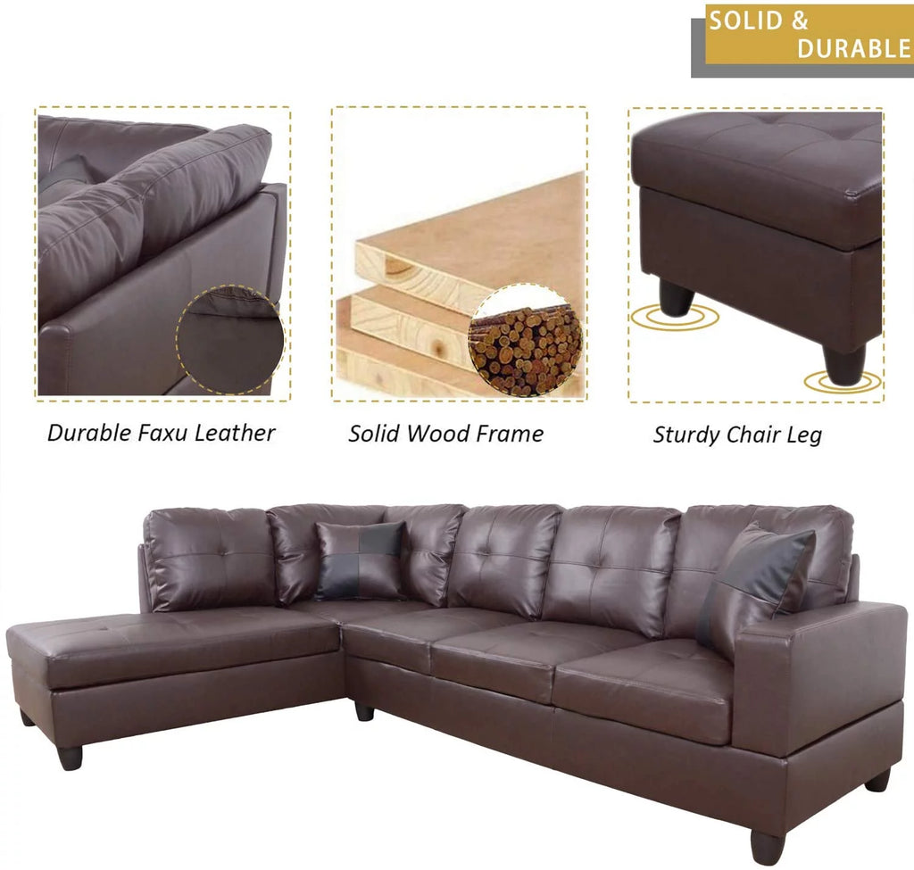 Faux Leather 3 Piece L-Shaped Sectional Sofa Set with Chaise Storage Ottoman and Pillows J623711