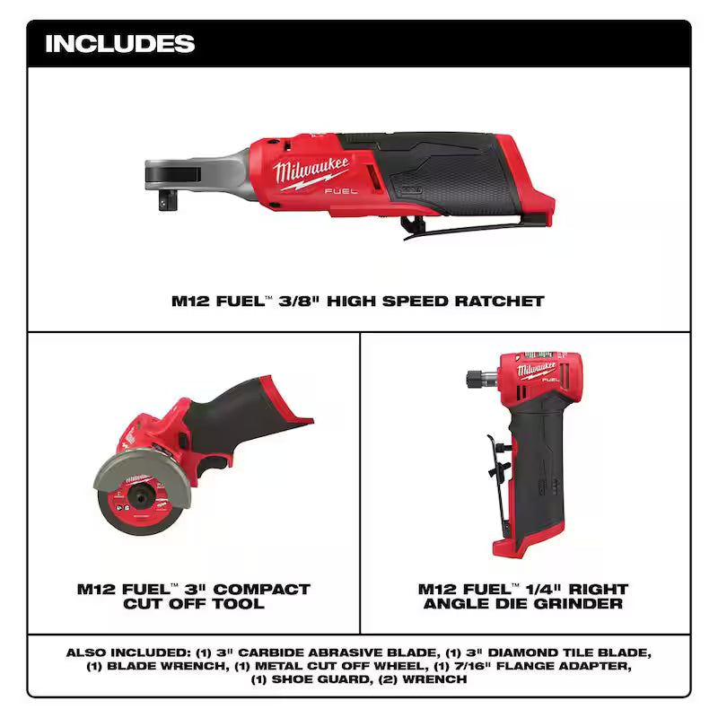 12V Lithium-Ion Brushless Cordless High Speed 3/8 in. Ratchet with 3 in. Cutoff Saw & 1/4 in. Die Grinder T662294