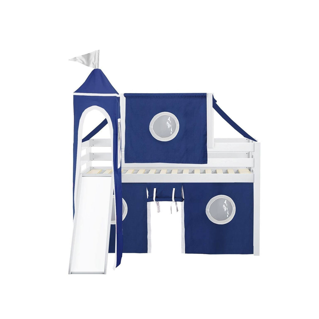 Low Loft Twin Bed with Slide and Tent and Tower, Gray W32616