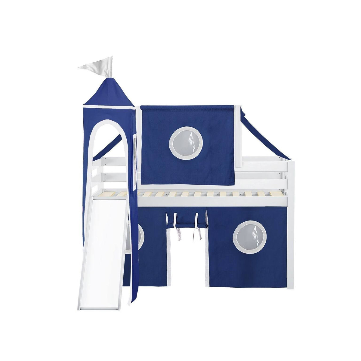 Low Loft Twin Bed with Slide and Tent and Tower, Gray W32616