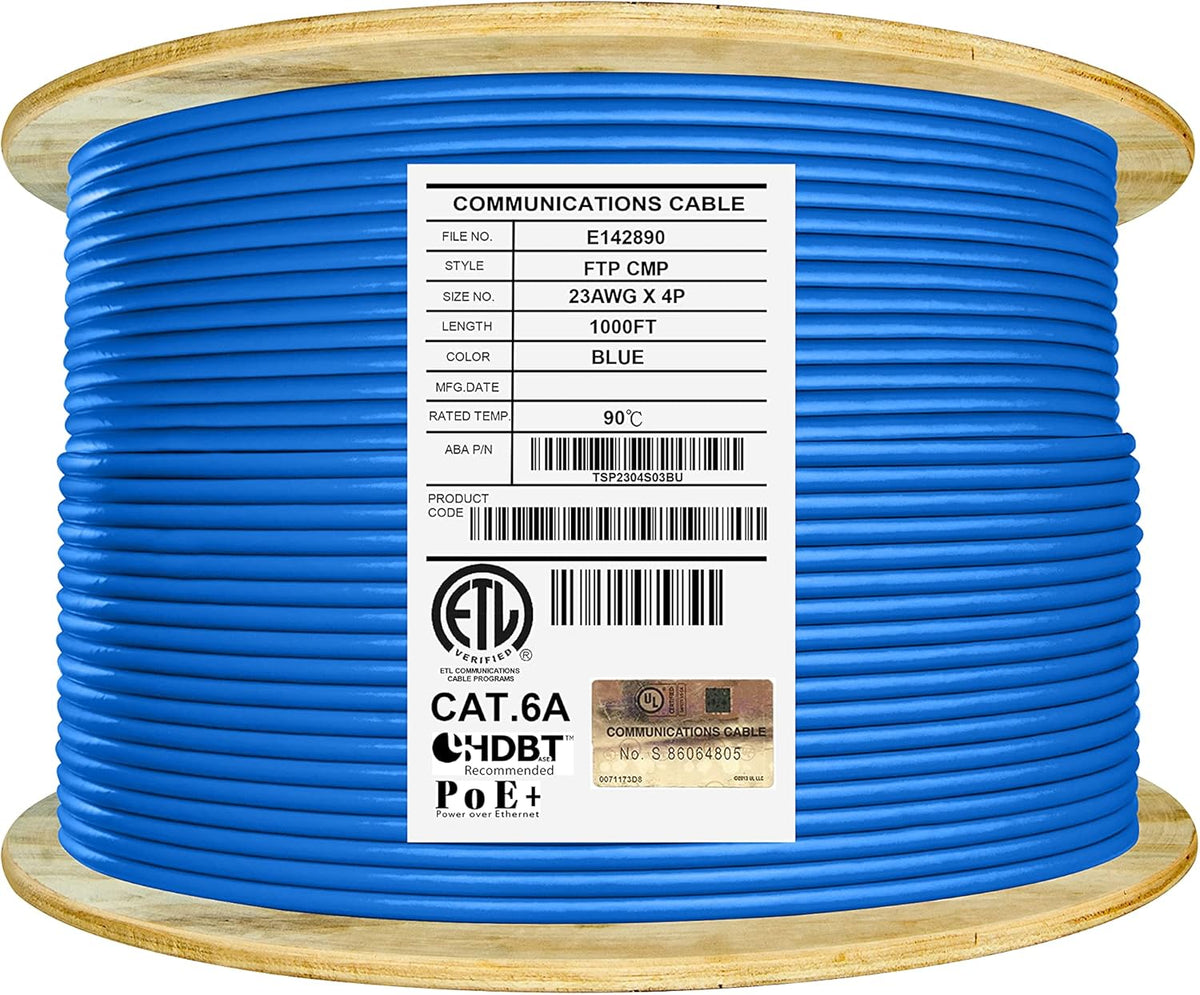 Cat6A Shielded Plenum 1000ft FTP 23AWG Solid Pure Copper Ethernet Cable Reel Blue D48960