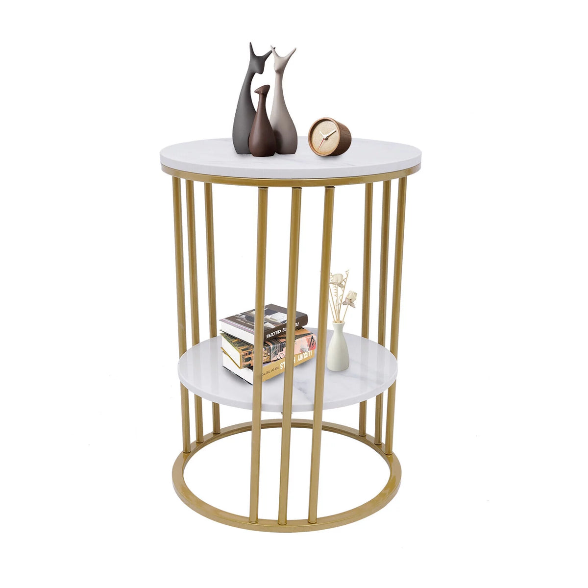 Round Marble 2 Tier Gold Metal Accent Table X197