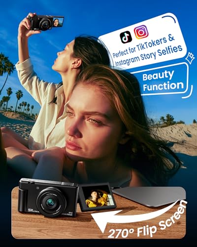 5K Digital Camera 64MP 18X Zoom 3" Flip Screen Dual-Lens Black F782764