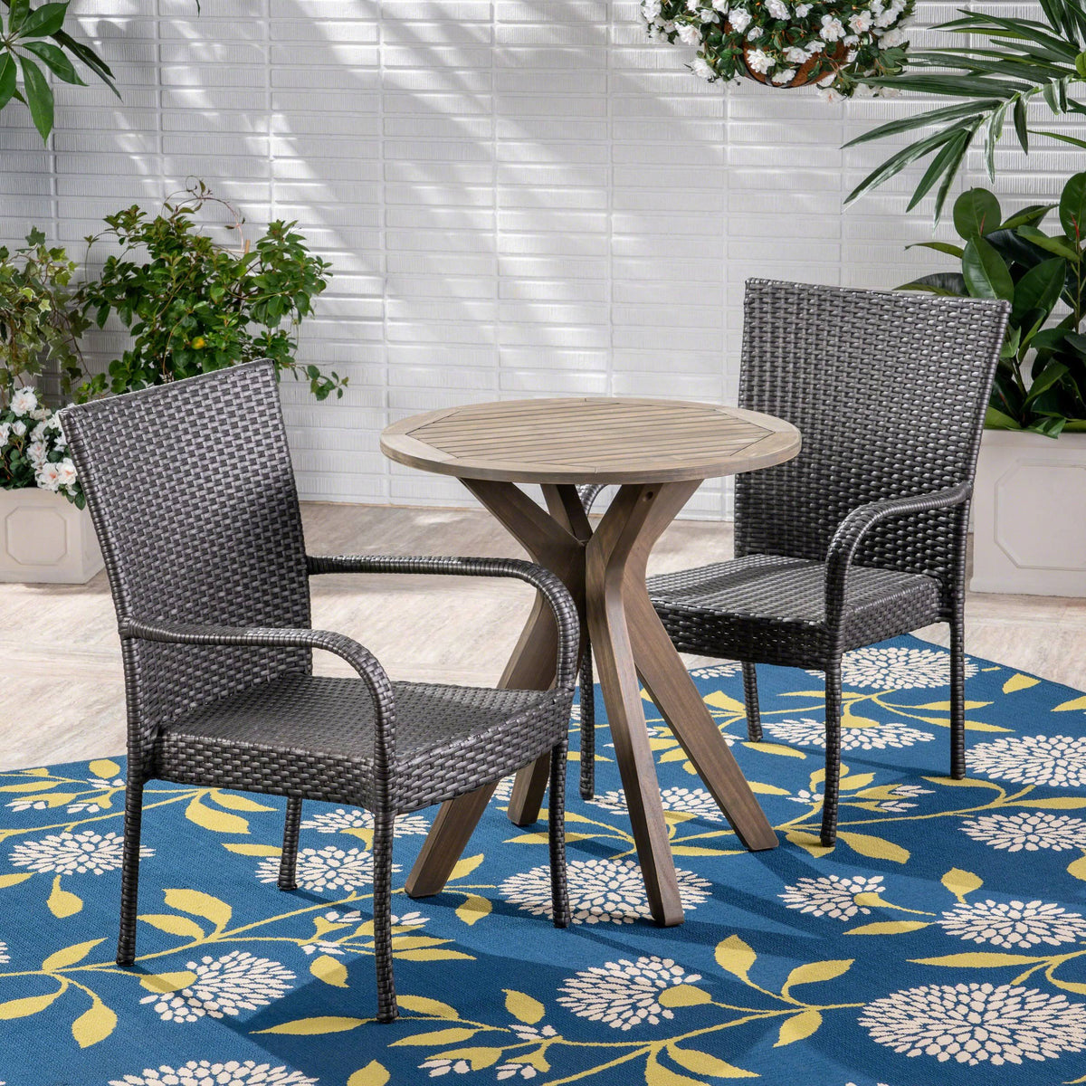 3 Piece Acacia Wood and Wicker Bistro Set Gray J687356
