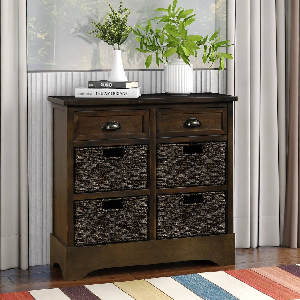 Rustic Storage Cabinet with 2 Drawers and 4 Fabric Basket R4540
