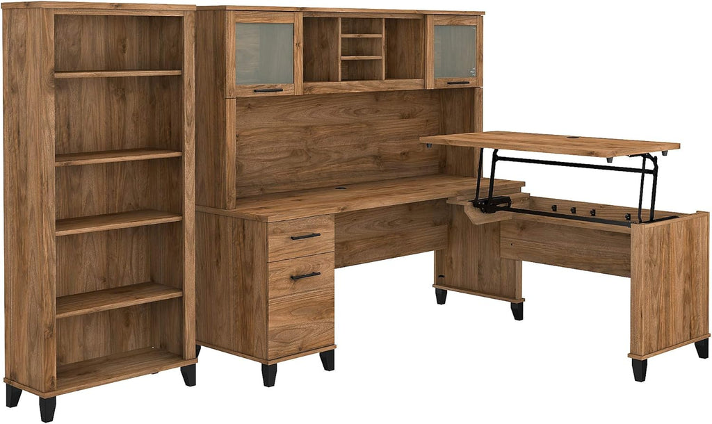 72W L Shaped Sit to Stand Desk with Hutch and Bookcase B9142