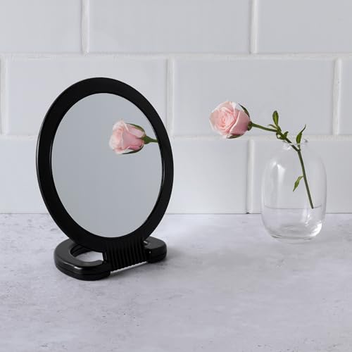 Black Double-Sided Hand Mirror with Stand T4784