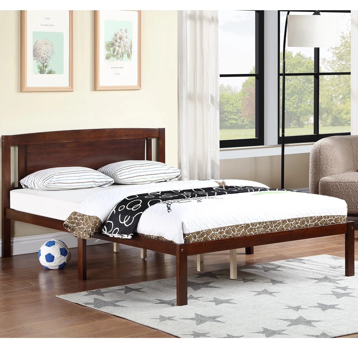 Dark Walnut Full Wood Platform Bed Frame with Headboard O4556