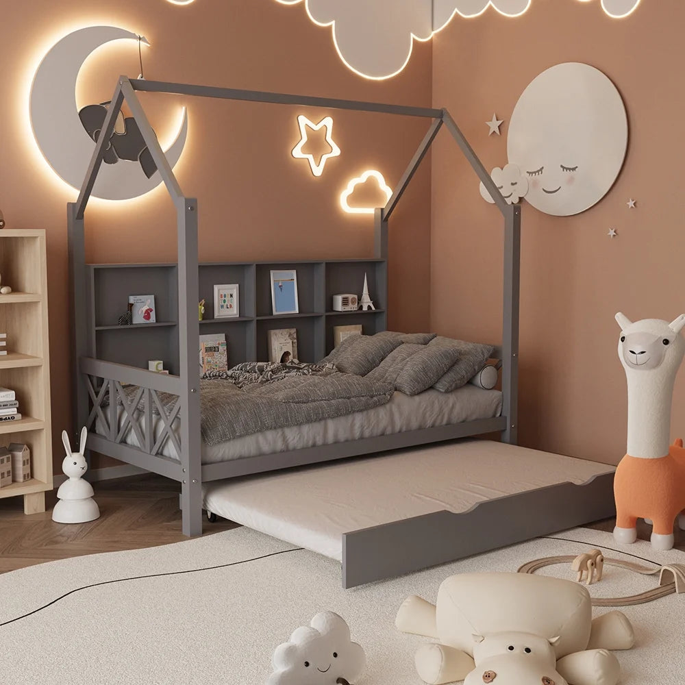 Twin House Bed with Trundle and Storage Shelve T737