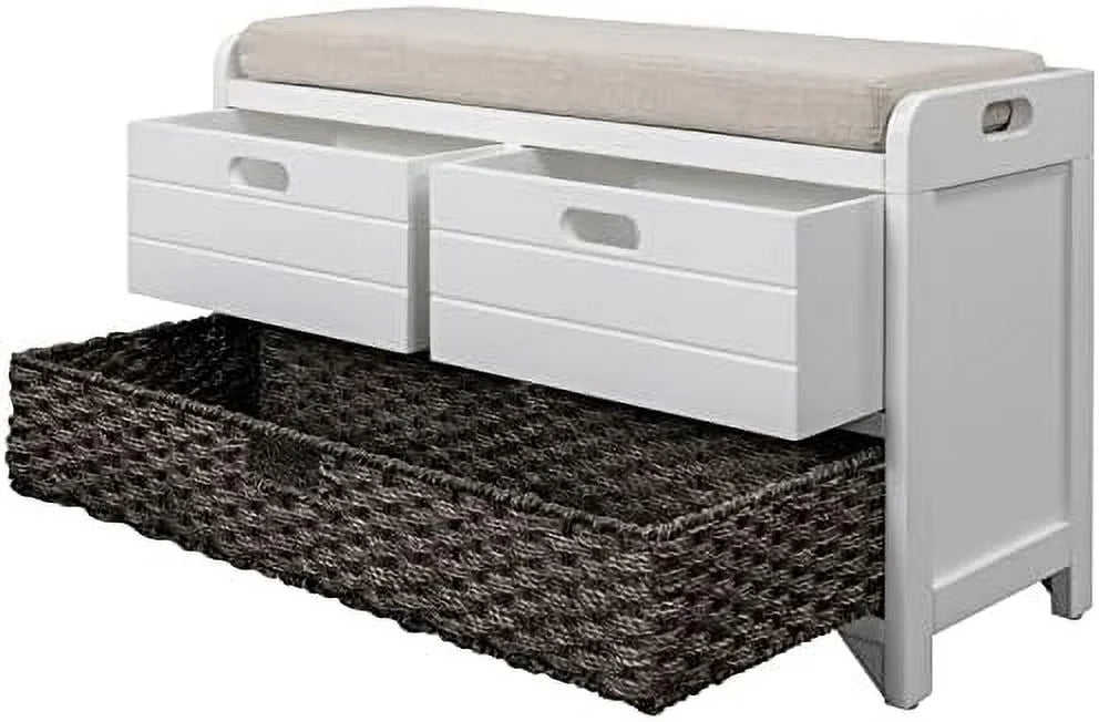 White Wooden Entryway Bench with Cushion 2 Drawers M595990