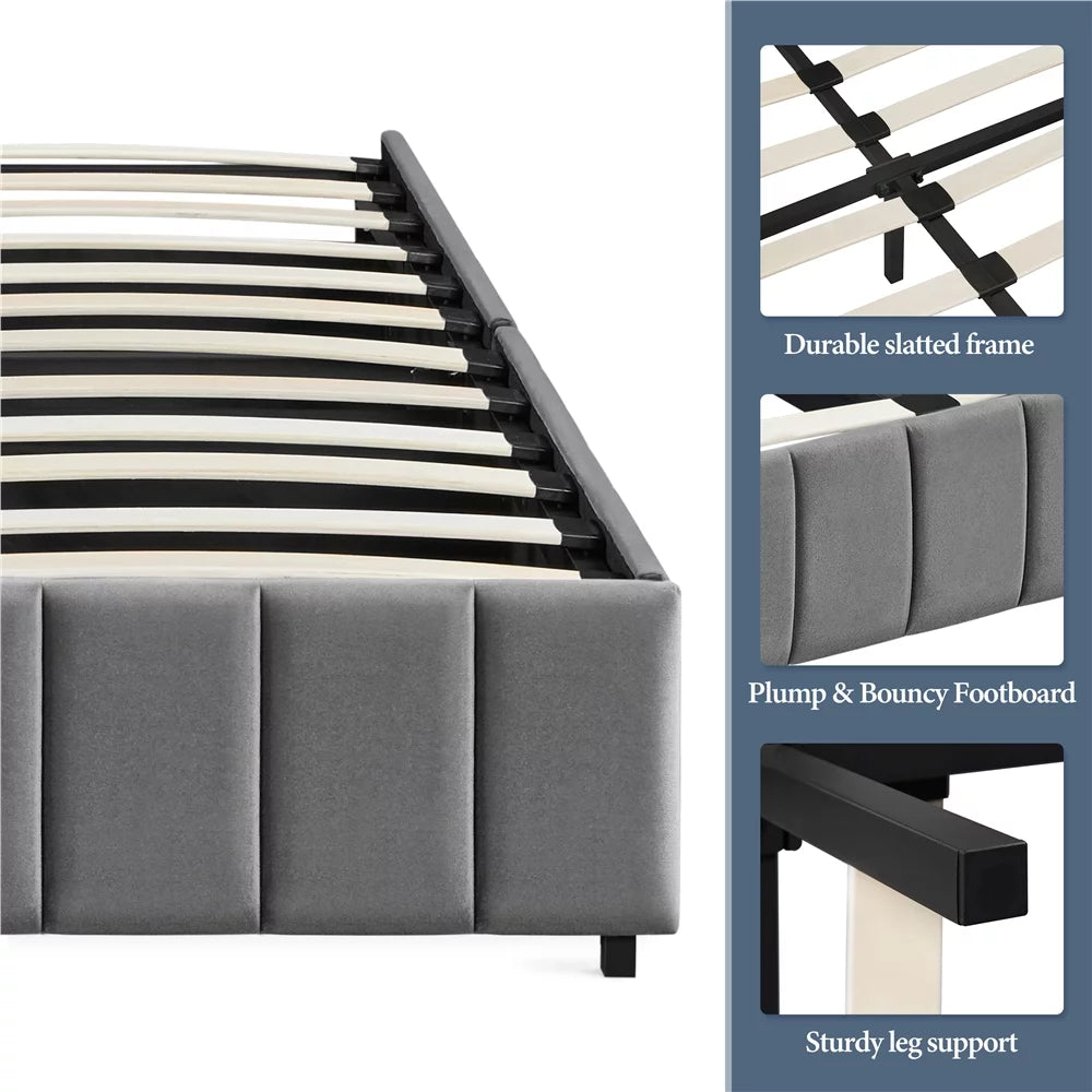 Queen Size Upholstered Bed Frame with 4 Storage Drawers, Beige V593666