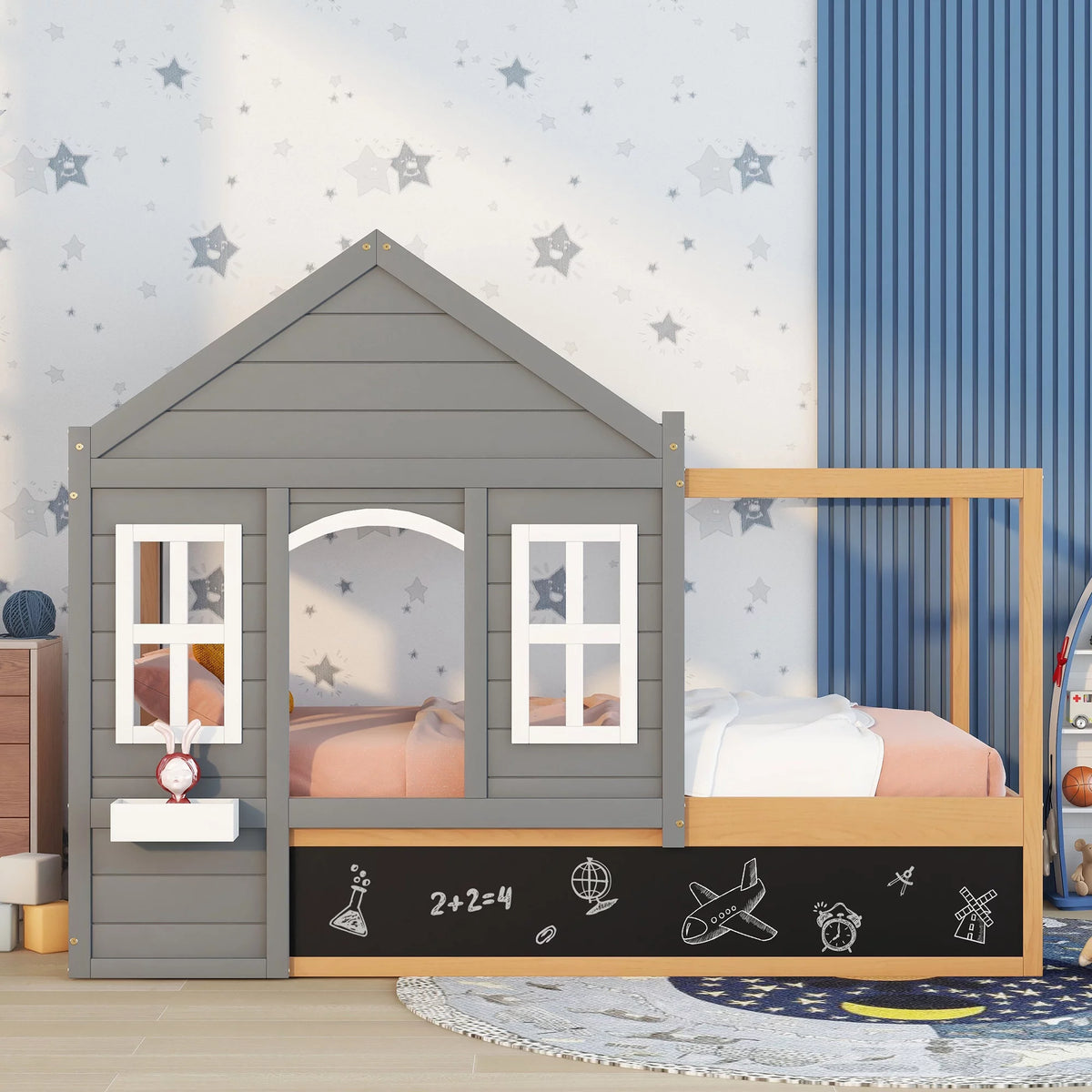 Wood Twin Size House Bed with Roof and Blackboard E94767