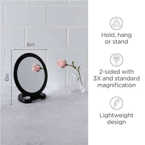 Black Double-Sided Hand Mirror with Stand T4784