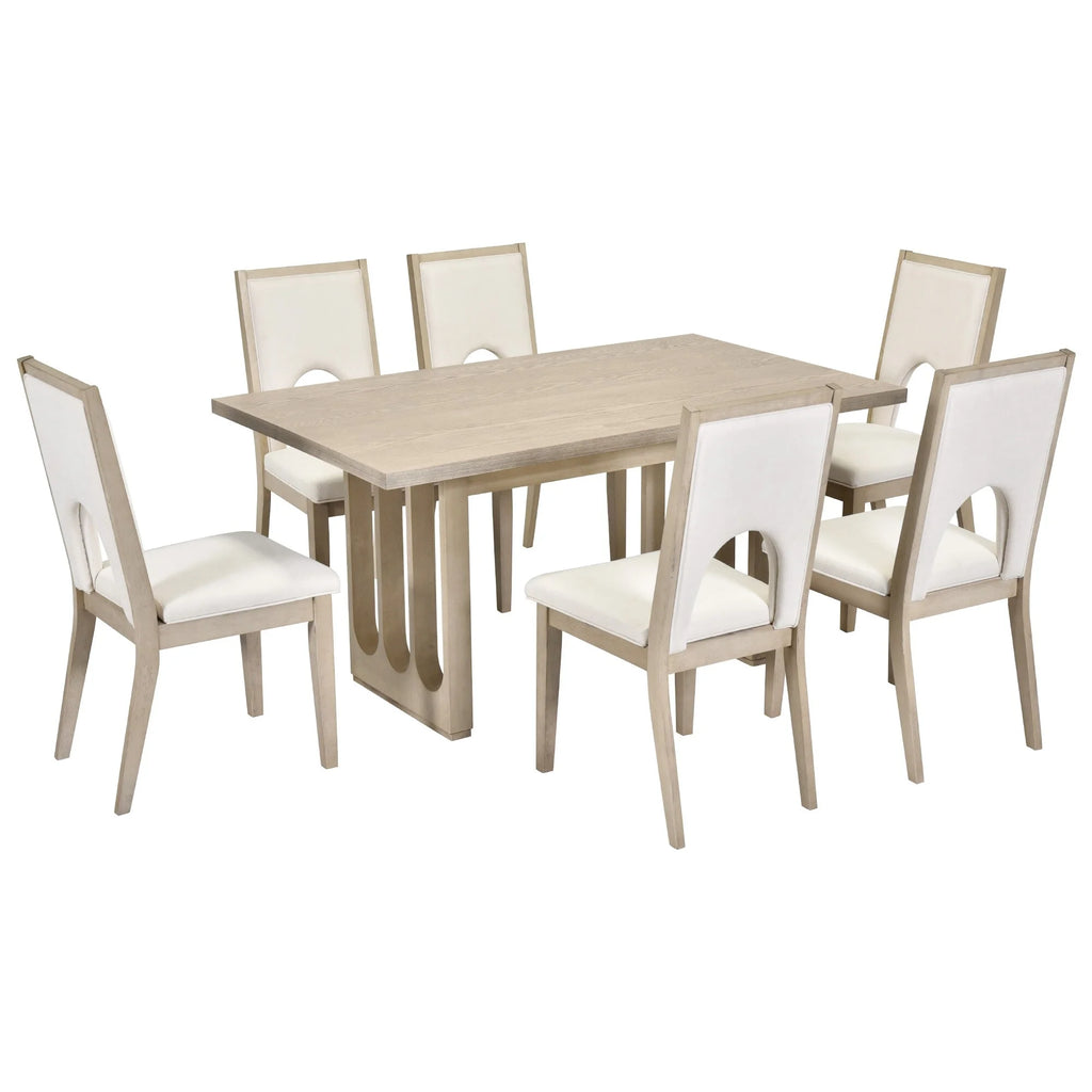 Natural Wood Wash 7-Piece Dining Table Set with 6 Upholstered Chairs Y2492