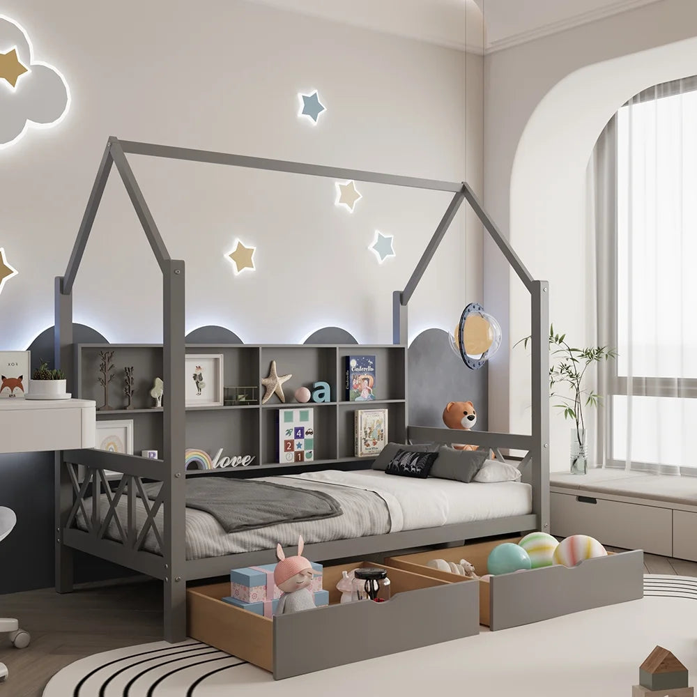 Twin House Bed with Trundle and Storage Shelve T737