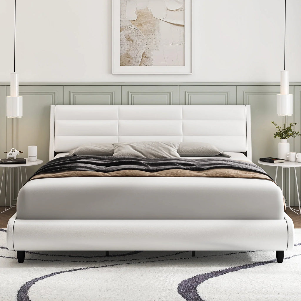 White Queen Size Upholstered Bed Frame with Adjustable Headboard N1005