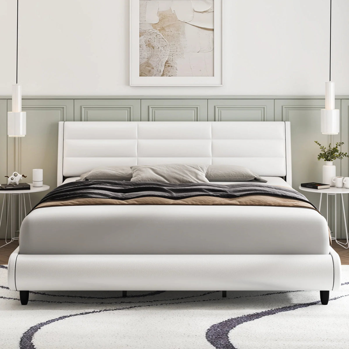 White Queen Size Upholstered Bed Frame with Adjustable Headboard N1005