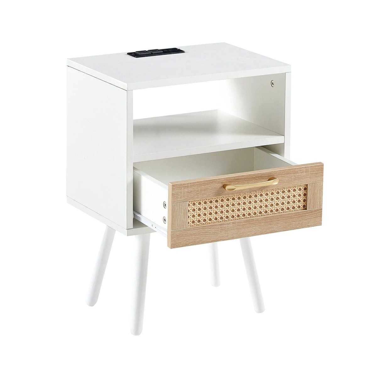 Rattan End Table with Power Outlet & USB Ports White Q189