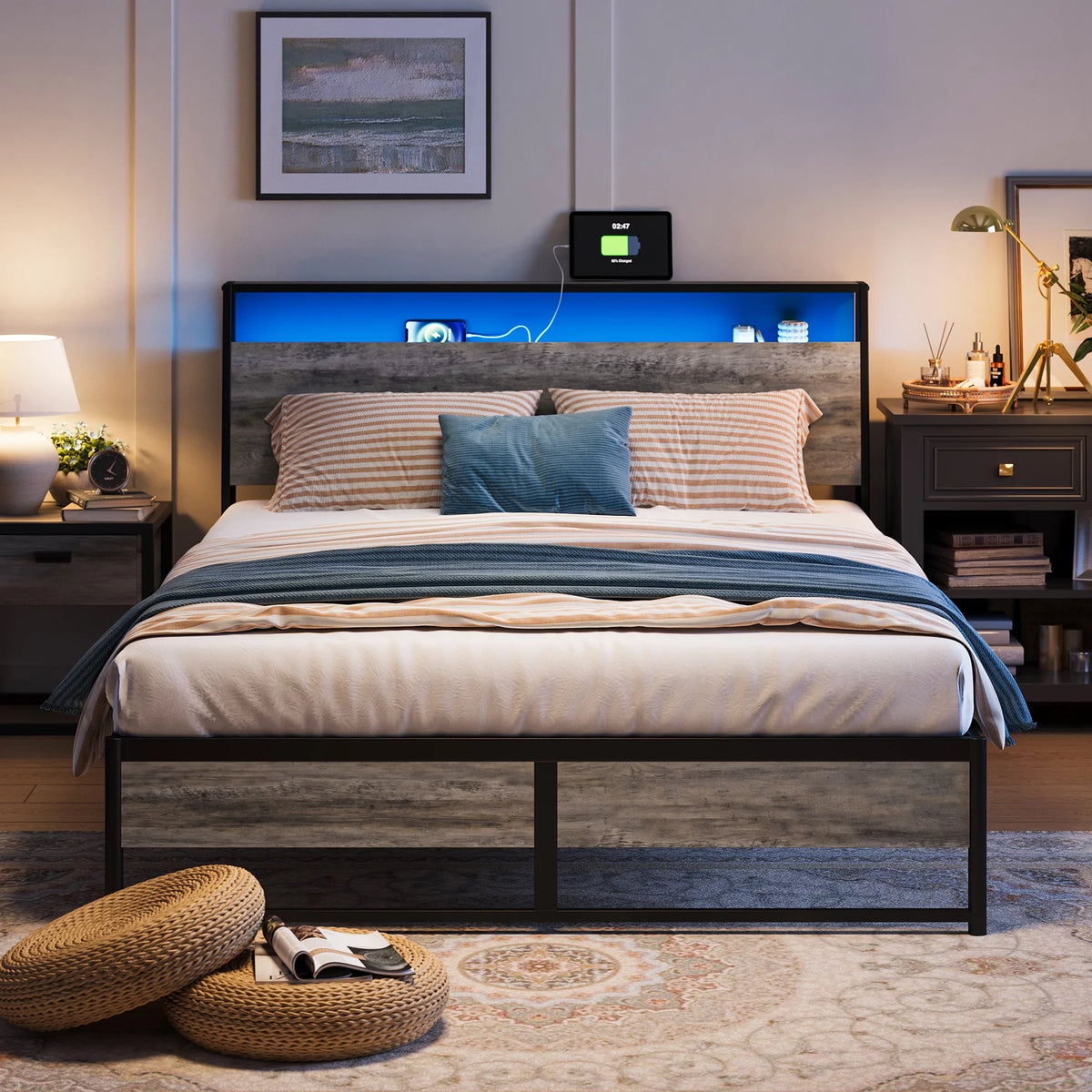 Full Size Platform Bed Frame with Headboard and Storage Shelves Z1395