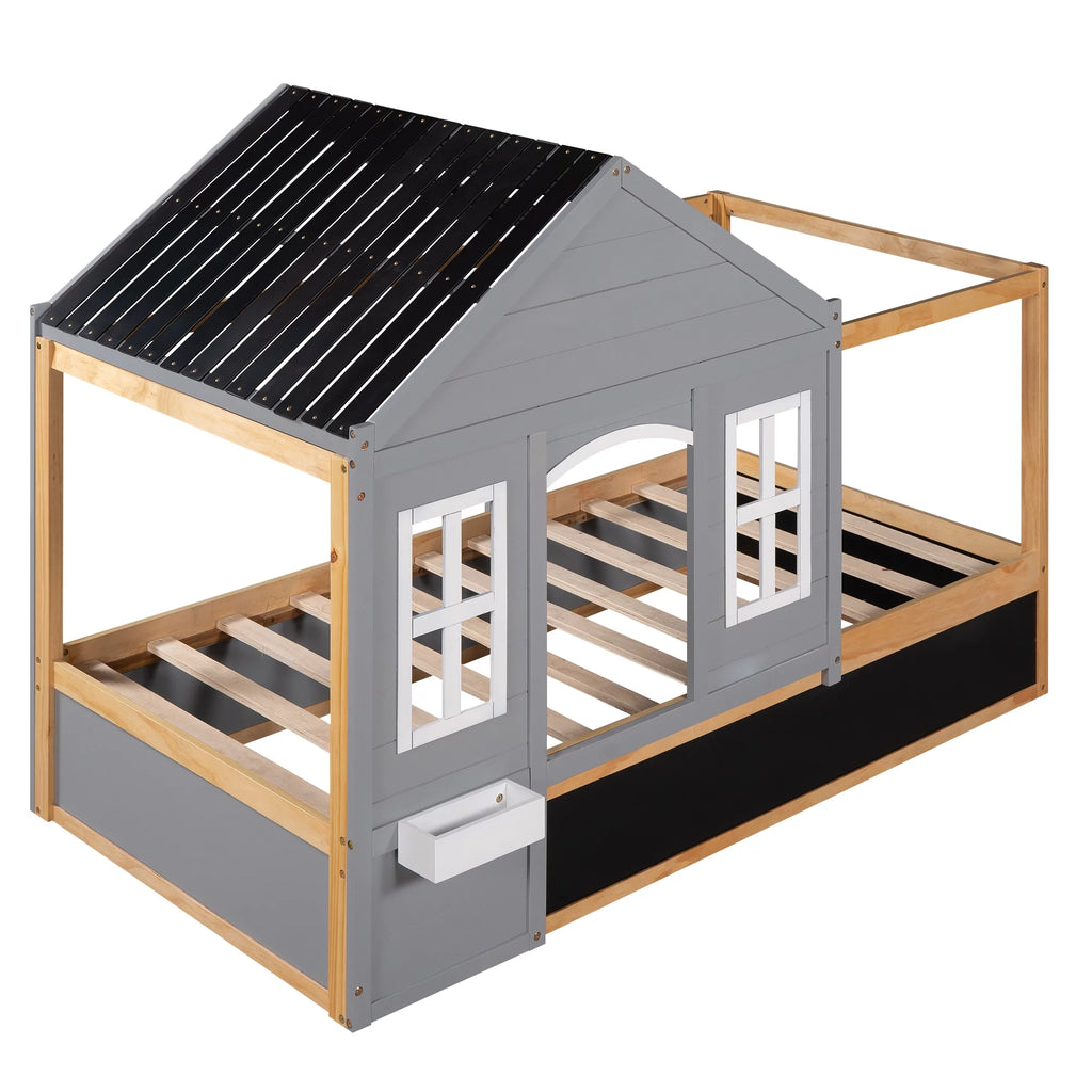 Wood Twin Size House Bed with Roof and Blackboard E94767