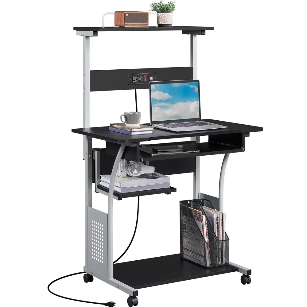 Black 3 Tiers Computer Desk with Outlet Printer Shelf R75979