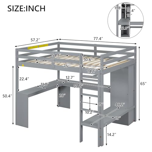 Grey Wood Full Size Loft Bed Frame with Desk, Wardrobe and Shelves Q49243
