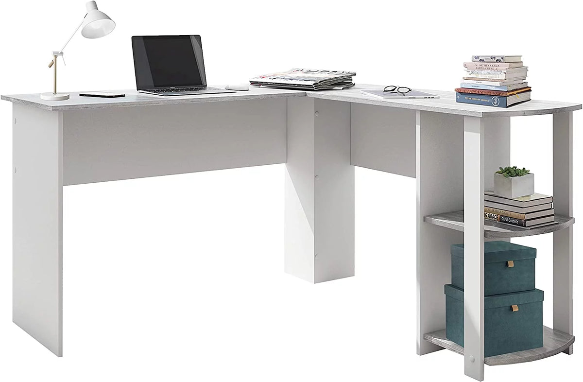 Shaped Desk with Corner Bookshelf & Side Storage Shelves A58580