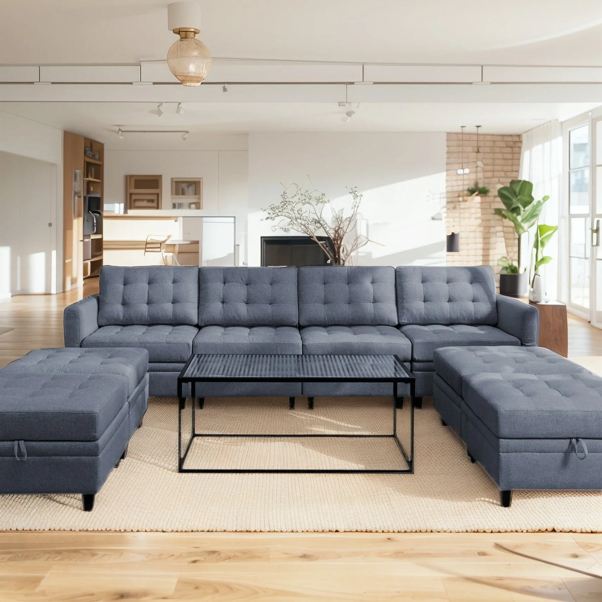 Dark Grey Convertible Sectional Sofa with Storage Ottomans S8002