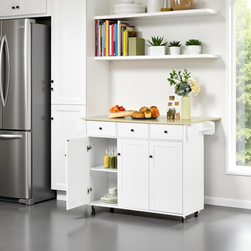 White Mobile Kitchen Island Cart with Drop Leaf X2656