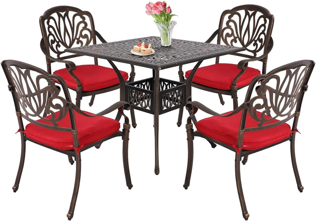 5 Piece Cast Aluminum Patio Dining Set with Red Cushion S78521