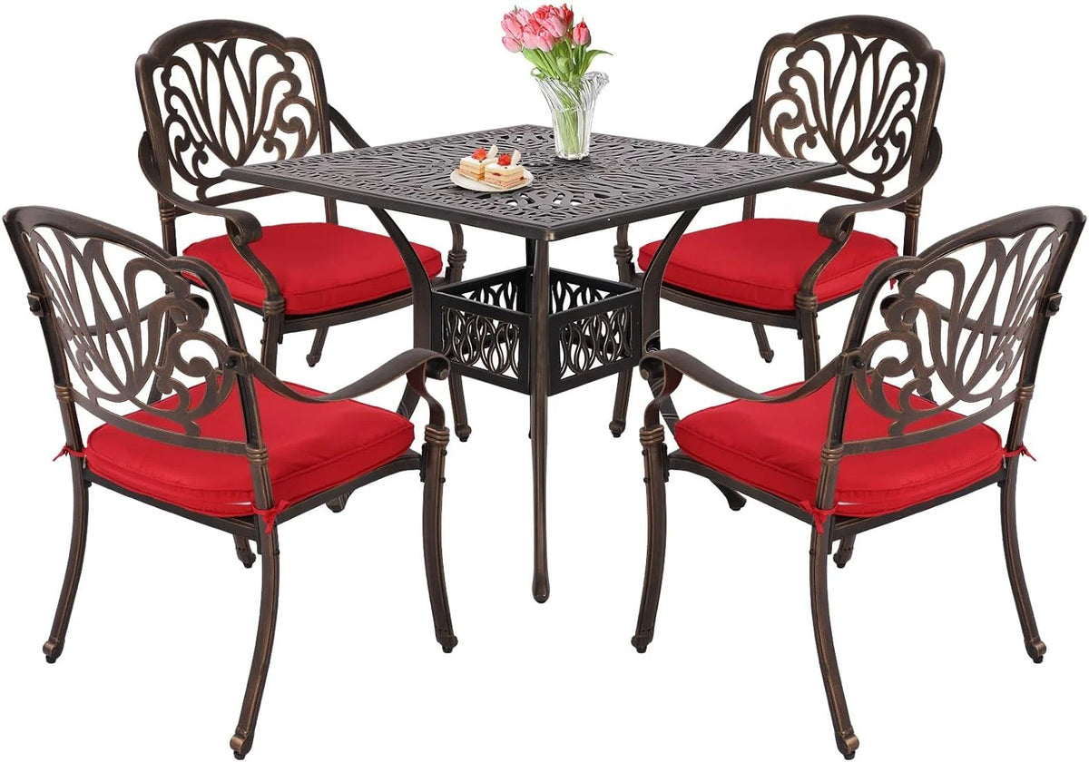 5 Piece Cast Aluminum Patio Dining Set with Red Cushion S78521