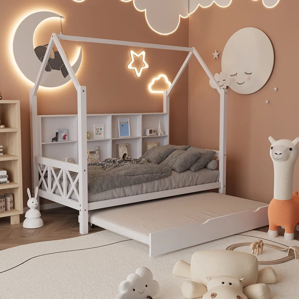 Twin House Bed with Trundle and Storage Shelve T737