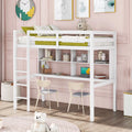White Twin Size Wood Loft Bed with Desk and Shelves I3368