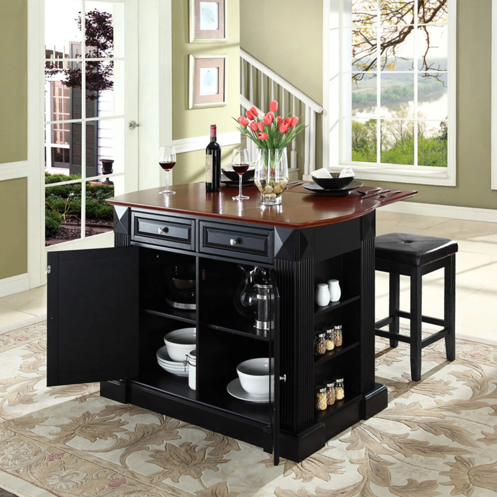 Drop Leaf Kitchen Island with Upholstered Square Seat Stools S951
