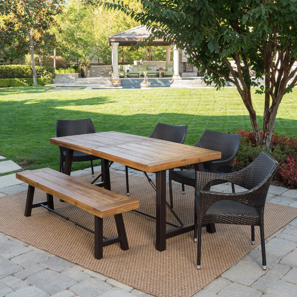 6 Piece Acacia Wood Dining Set with Wicker Stacking Chairs M446591