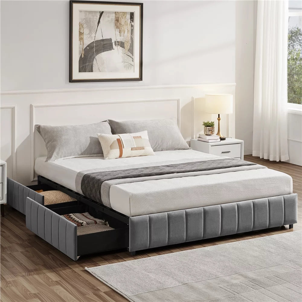 Queen Size Upholstered Bed Frame with 4 Storage Drawers, Beige V593666