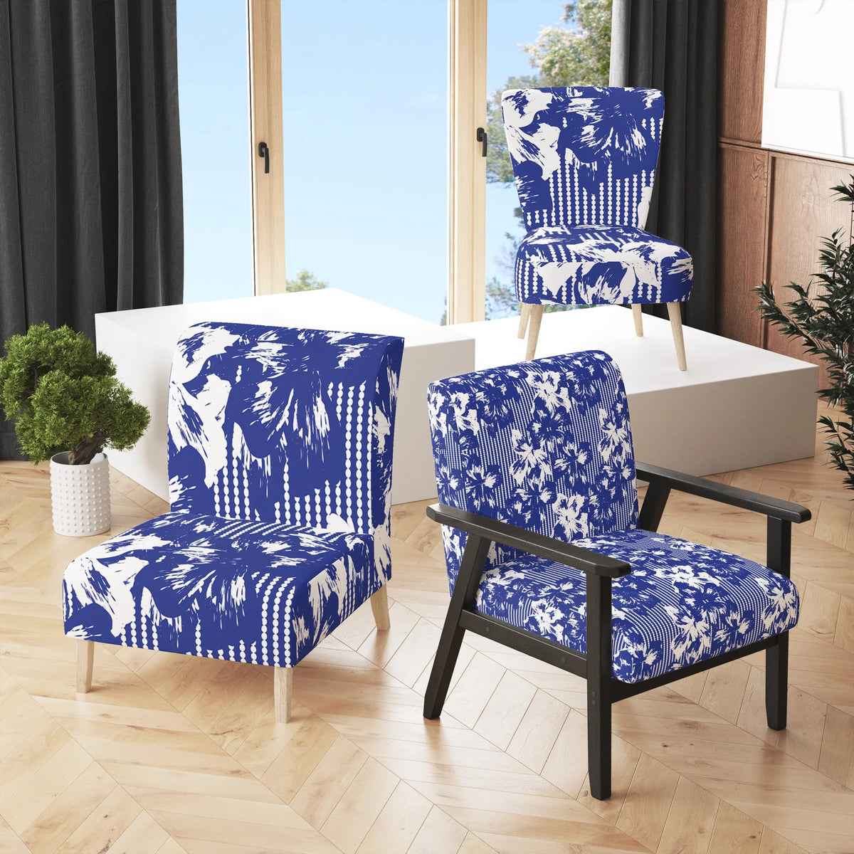 Blue and White Floral Striped Upholstered Accent Chair L826
