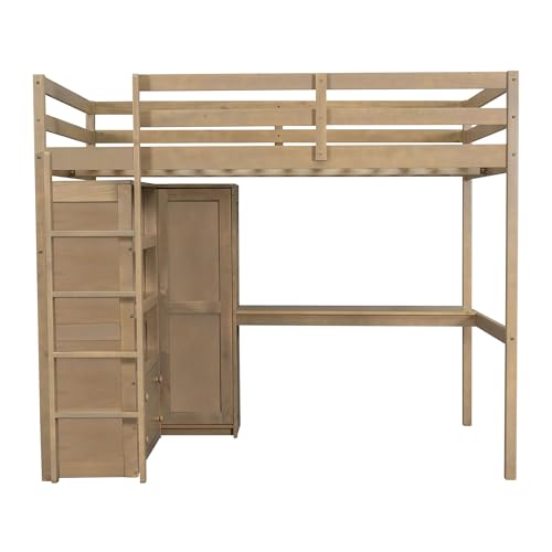 Full Size Wood Loft Bed with Desk and Wardrobe S89056