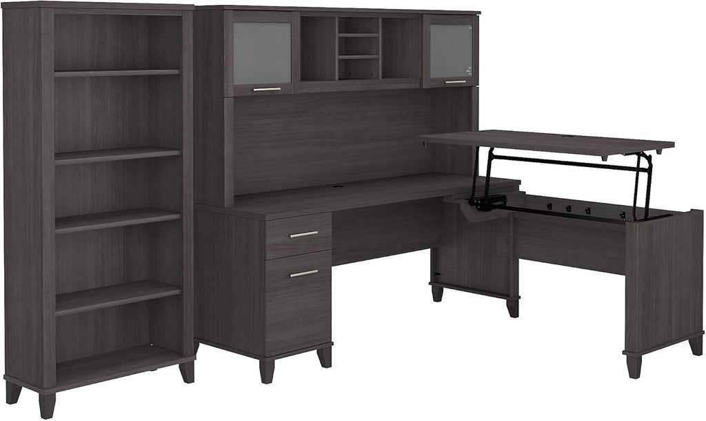 72W L Shaped Sit to Stand Desk with Hutch and Bookcase B9142