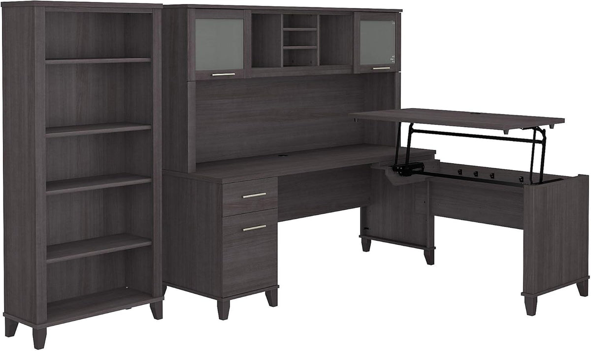 72W L Shaped Sit to Stand Desk with Hutch and Bookcase B9142